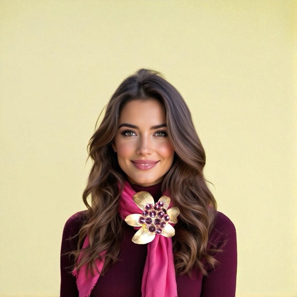 80s vintage Brooch /pendantGold tone Flower  With Purple Glass. Statement Piece - Picture 3 of 16